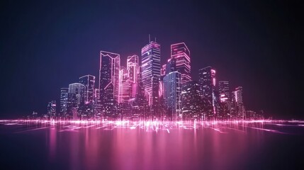 Poster - The cityscape of the future features illuminated skyscrapers, highlighting a vibrant skyline with glowing high-rises, cutting-edge technology, urban growth, and an atmosphere of advancement