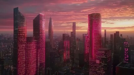 Poster - Red and blue lights illuminate a cityscape set in the future at sunset