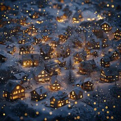 Poster - A small-scale city featuring houses with glowing windows