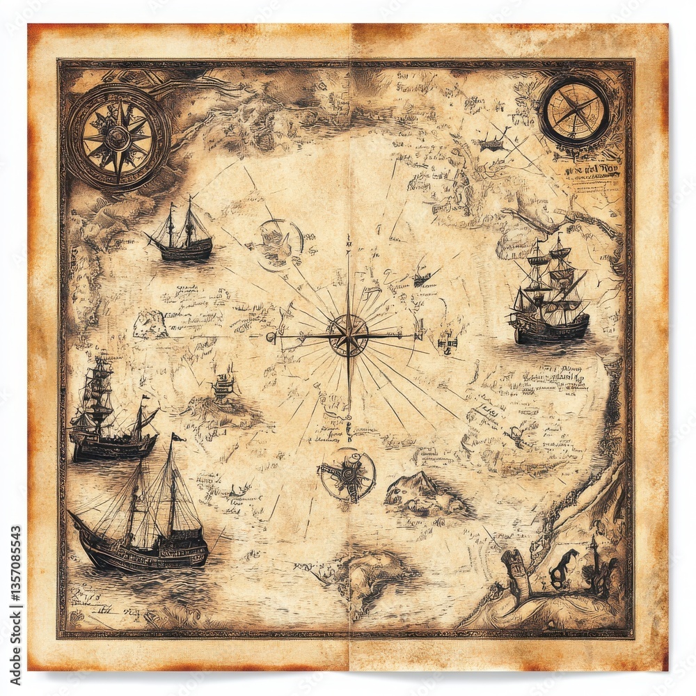 Aged Treasure Map Illustration With Ships And Compass Design Elements ...