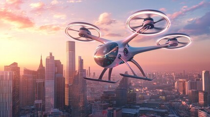 Poster - A futuristic metropolis at sunset with flying cars and aircraft in the sky