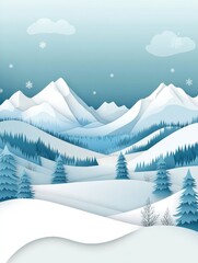 Poster - Peaceful winter landscape in paper cut style with mountains and pine trees under a soft blue gradient sky Generative AI