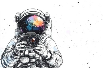 Wall Mural - ink sketch style astronaut in a spacesuit and helmet holding retro camera in hands on white background with copy space