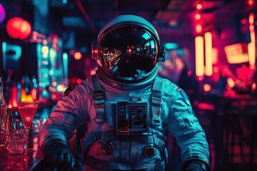 Wall Mural - drunk astronaut in a spacesuit and helmet sits relaxed at a bar counter with interior bright neon lighting