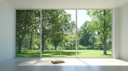 Poster - Featuring a Modern Interior with an Open Book and a City View, this Space is a Bright and Inspiring Showcase of Spacious Design, Natural Light, Urban Landscape, and Fresh Greenery