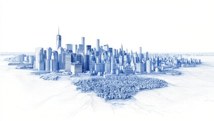 Poster - This stylized illustration depicts a city skyline complete with a bridge and several urban buildings