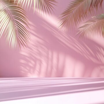 Pink background with palm leaves casting shadows on a light pink surface. Soft lighting and a serene atmosphere.