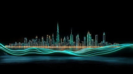 Poster - A futuristic metropolis skyline featuring neon lights and reflections, ideal for themes related to technology and innovation, on a dark background