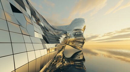 Poster - the skyscraper, a futuristic office building with curved glass windows, is viewed from a low angle