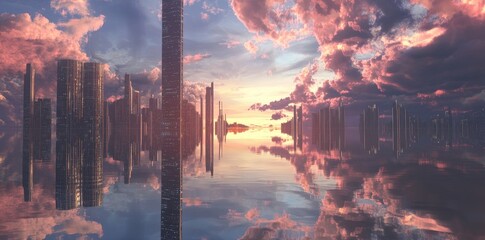 Poster - The financial district's urban architecture is characterized by futuristic city skylines and smart glass skyscrapers at dusk