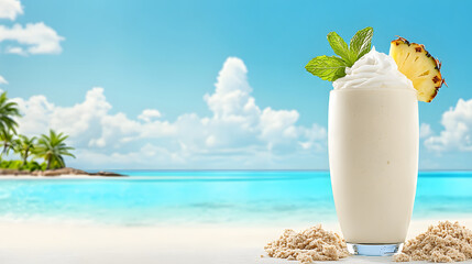 Poster - A refreshing tropical drink with whipped cream and pineapple, set against a stunning beach backdrop with clear blue waters and fluffy clouds