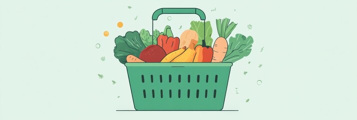 Aufkleber - Fresh vegetables and fruits in a green shopping basket against a soft pastel background featuring clean minimalistic design Generative AI