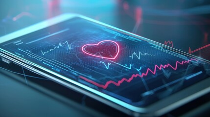 Poster - heart rate monitor on smartphone with digital display in neon colors