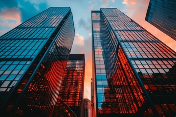 Poster - in the city's downtown finance district, a high tower stretches skyward, exemplifying modern and fut