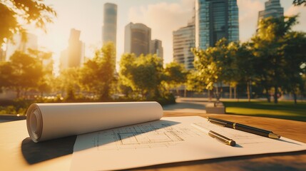 In the foreground, a table displays architectural blueprints, while a cityscape and trees are seen in the background at sunset