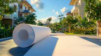 Architectural plans lie on a table, with a city and trees visible in the background as the sun sets