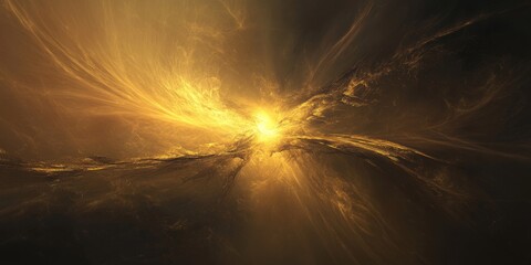 a breathtaking view of a celestial golden light in a dark, mysterious space. the scene is filled wit