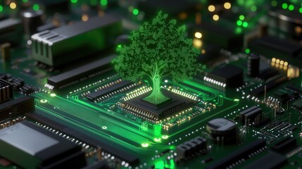 Poster - Digital Tree Growth on Circuit Board Symbolizing Eco Technology