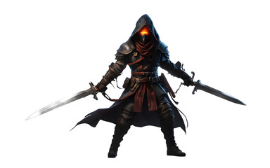 Poster - Shadowy rogue with a hood and glowing daggers, isolated on a empty plain background