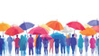 © chuan - The image is a digital illustration featuring a horizontal arrangement of numerous people silhouetted against a white background, each holding a brightly colored umbrella.  The umbrellas are