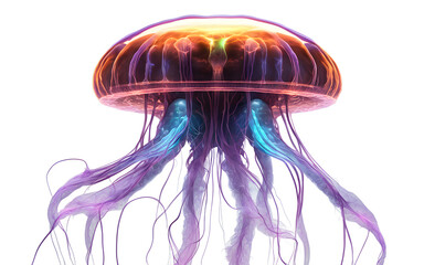 Poster - Neon jellyfish-like alien floating with bioluminescent tendrils, isolated on a empty plain background