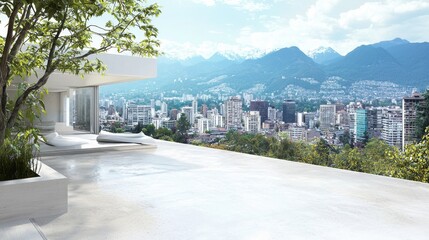 Poster - the image is a 3d render of abstract modern architecture, with a vacant concrete floor and a city sk