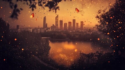 Poster - The city of the future is bathed in the warm glow of sunset, its luminous lights and bustling harbor set against a background of innovative technology and urban expansion