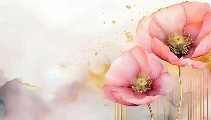 Poster - Watercolor painting of elegant pink poppies on white background with copy space. Pink poppy flowers.