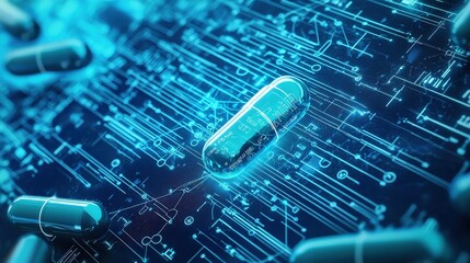 Poster - digital medicine concept with capsules and data network background