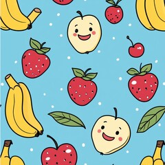 Poster - Seamless baby pattern design with smiling fruits including strawberries, bananas, apples, and cherries in soft vibrant colors Generative AI