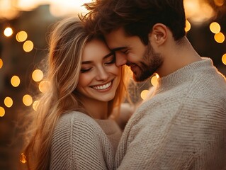 a young romantic couple embraces lovingly at twilight with warm bokeh lights in the background creat