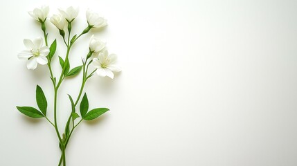 Wall Mural - A delicate cluster of white flowers with green leaves on a soft white background.