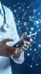 Poster - doctor using smartphone with digital network connections in background