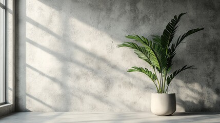 Fototapete - A vibrant green plant stands gracefully in a white pot, illuminated by soft sunlight streaming through a large window, casting gentle shadows on a textured wall.