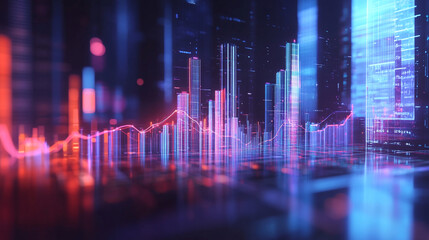 Poster - Abstract financial data visualization with rising line graph and vertical bar charts in neon colors
