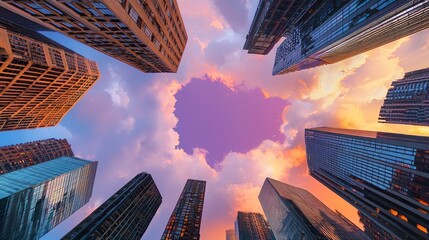 Poster - vibrant sunset colors illuminate the modern skyscrapers in an urban cityscape