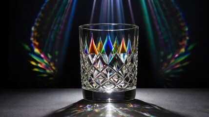 A mesmerizing visual of light diffraction through a drinking glass, creating playful reflections and colorful refractions.