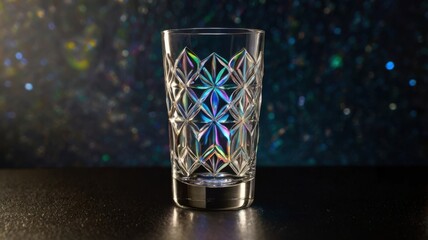 A mesmerizing visual of light diffraction through a drinking glass, creating playful reflections and colorful refractions.
