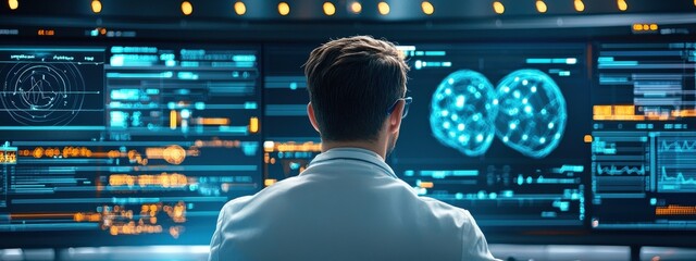 Poster - Scientist Analyzing Data with Advanced Technology in Laboratory Setting