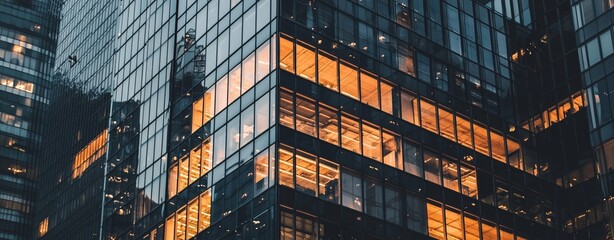 Poster - illuminated office buildings reflect neon light in the cityscape at night