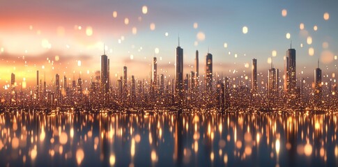 Poster - a futuristic city with a sunset reflected in its windows and illuminated glass