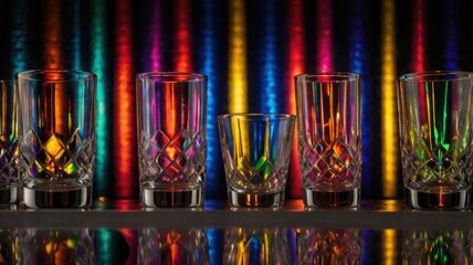 A mesmerizing visual of light diffraction through a drinking glass, creating playful reflections and colorful refractions.