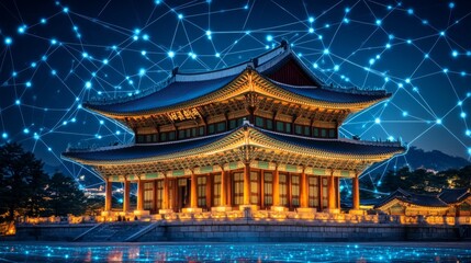 Historic Korean Palace Glowing with a Digital Network of Connections, Seoul, Transformation.