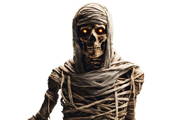 Poster - Ancient mummy wrapped in tattered bandages with glowing eyes, isolated on a empty plain background