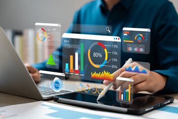 Fototapete - Data science and business intelligence, Business data analytics, Analyst using big data dashboard for performance evaluation, KPI metrics, Strategic decision making with AI and technology.