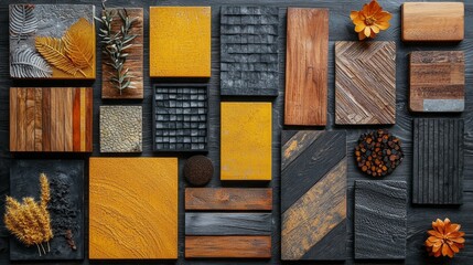 Poster - A vibrant collection of wood textures and colors showcases nature's beauty. Elements like yellow and earthy tones blend harmoniously, accompanied by delicate flowers, creating an inviting aesthetic.
