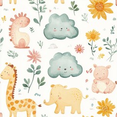 Aufkleber - Seamless baby pattern with playful animal, cloud, and flower designs in soft watercolor style and hand-crafted feel Generative AI