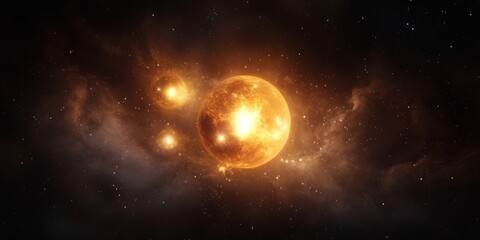 Wall Mural - a cosmic display featuring radiant celestial bodies amidst swirling nebulas