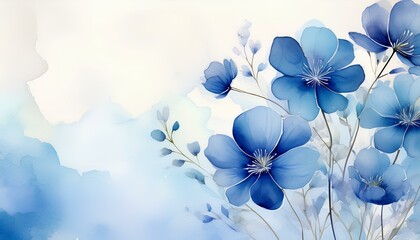 Poster - watercolor illustration of blue flowers on a white background with copy space.