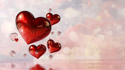 Poster - Floating glossy red hearts on a dreamy pink background, a perfect love message.